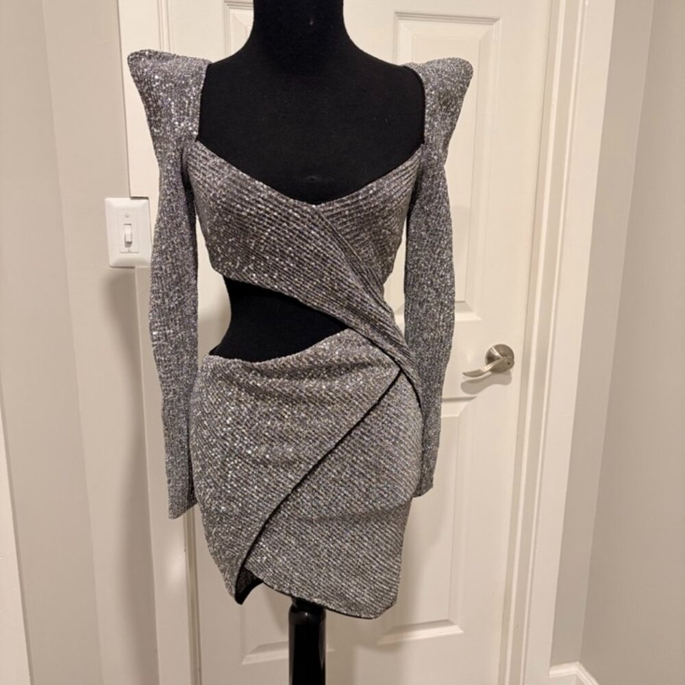 Michael Costello x REVOLVE Jeanne Mini Silver Sequin Dress, XXS, NWT